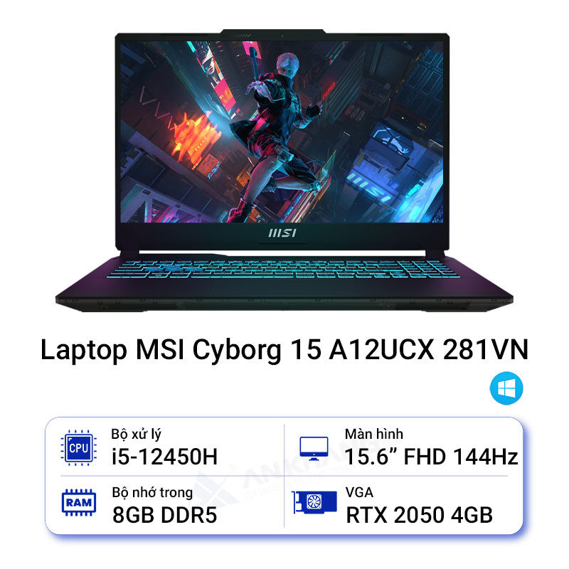 Laptop MSI Gaming Cyborg 15 A12UCX i5 12450H/8GB/512GB/4GB RTX2050/144Hz/Balo/Win11