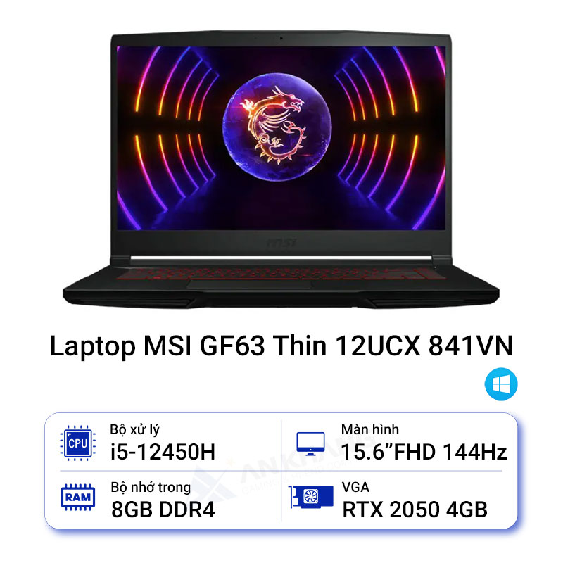 Laptop MSI Thin GF63 12UCX-841VN (Intel Core i5-12450H | 8GB | 512GB | RTX 2050 Max Q | 15.6 inch FHD 144Hz | Win 11 | Đen)