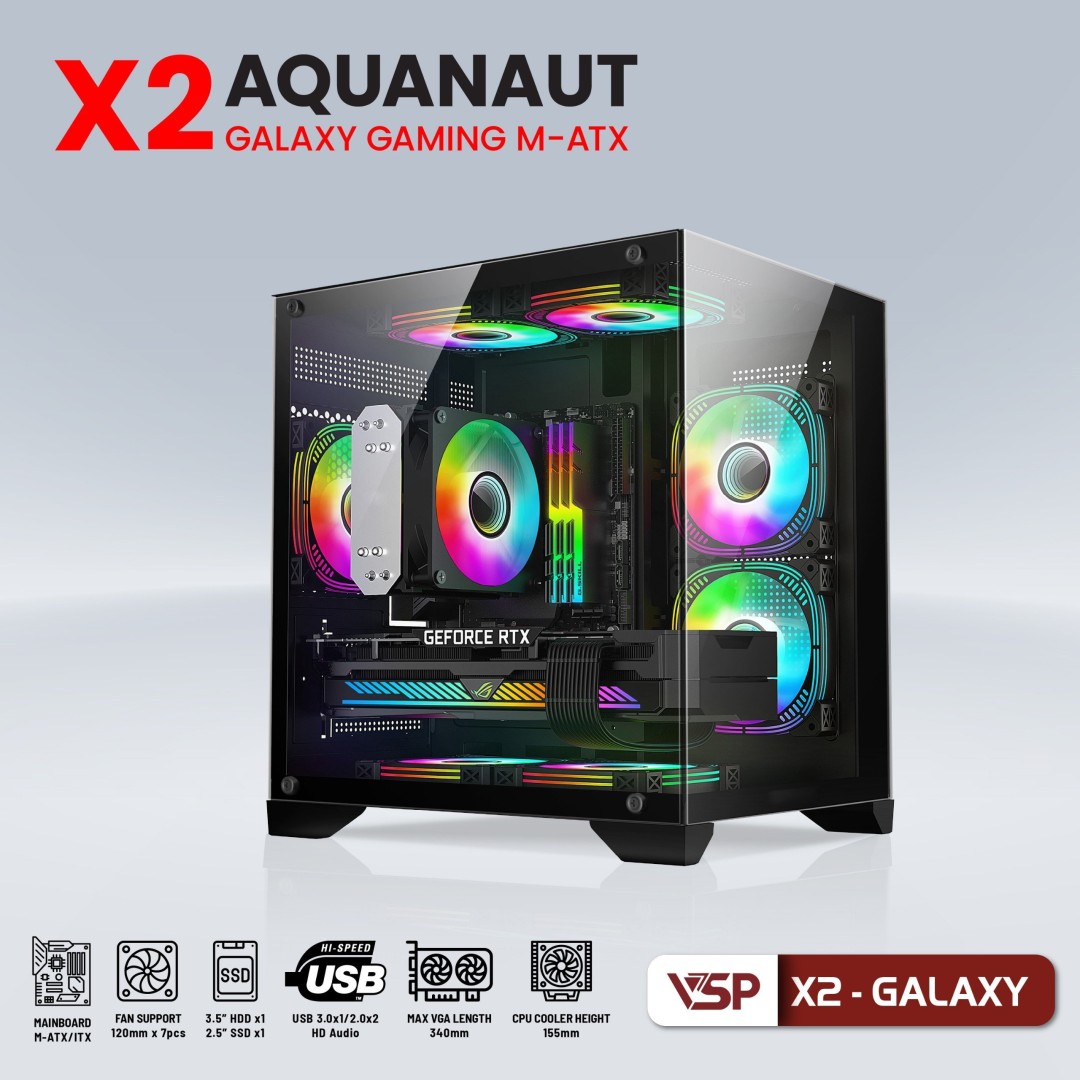 Vỏ Case VSP Aquanaut Pro Gaming M-ATX X2 - Đen